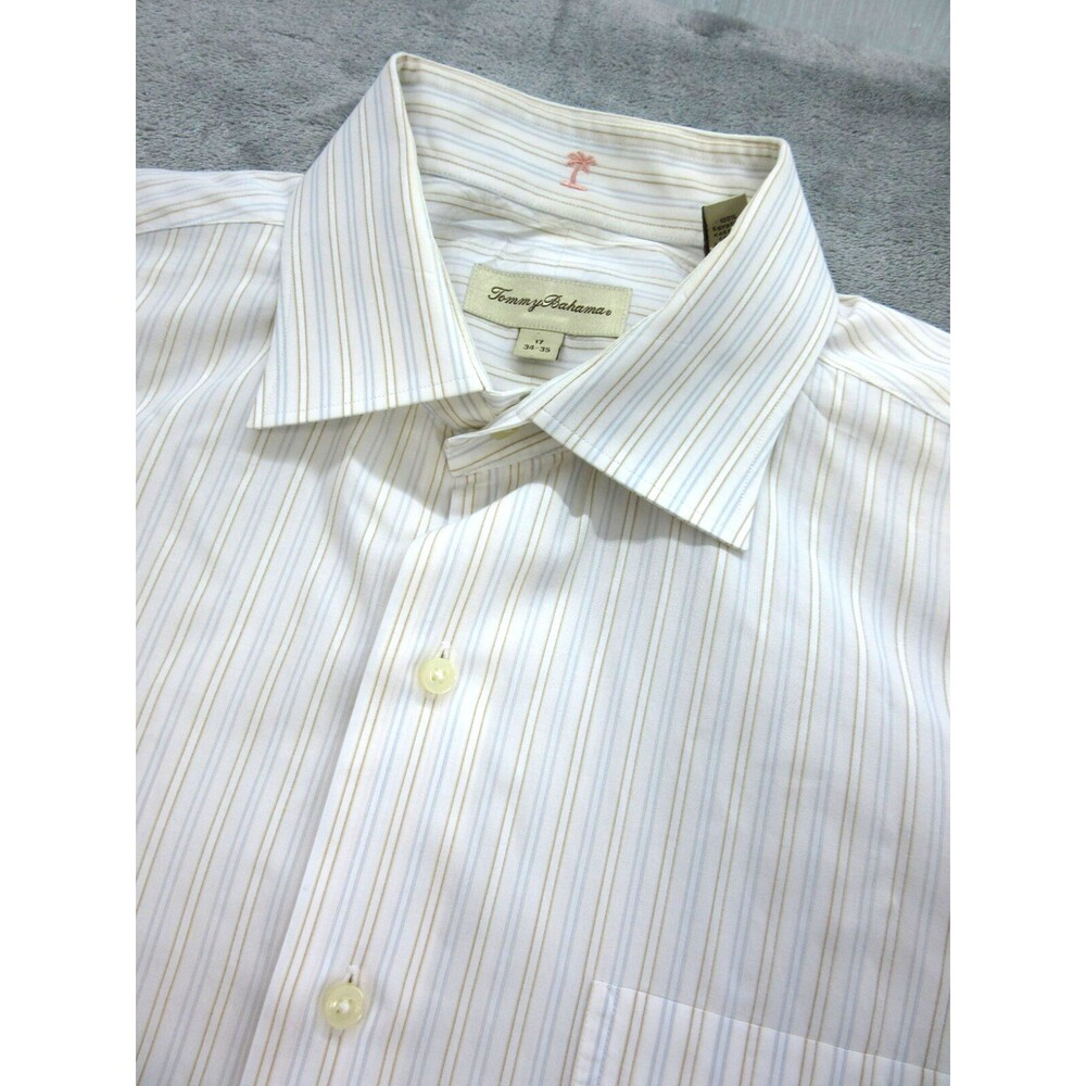 Tommy Bahama Men's Sz. 17 34-35 Shirt Button Down Long Slv Striped Blue Beige
